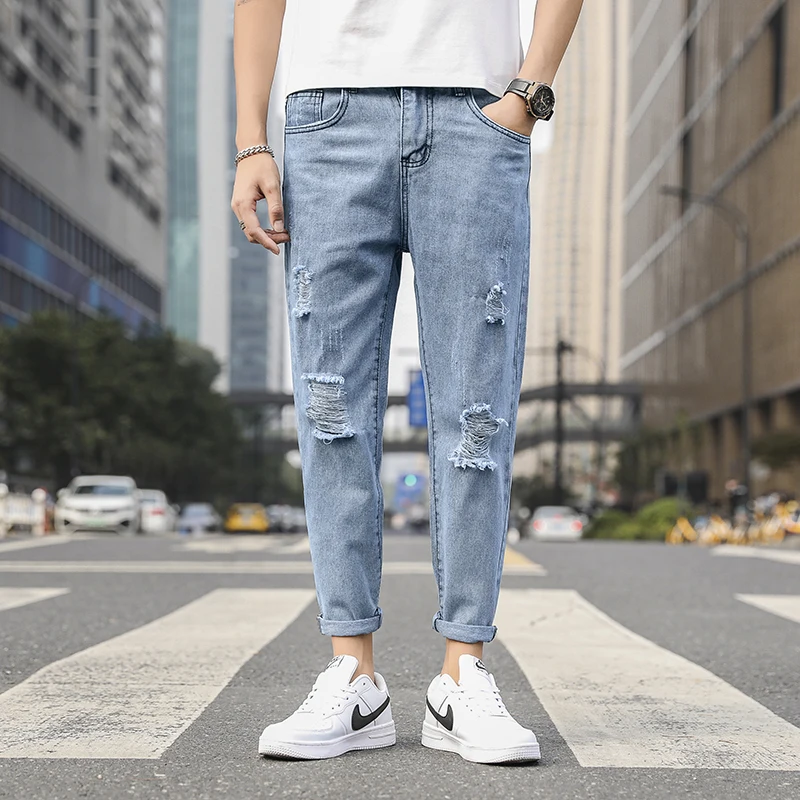 Slim Fit Džinsai Vyrams 2021 M. Vasarą Skylę Mados Drabužių Paauglių Nelaimę Džinsinio audinio Kelnės Kankina Kelnės Tiesios Kojos Streetwear