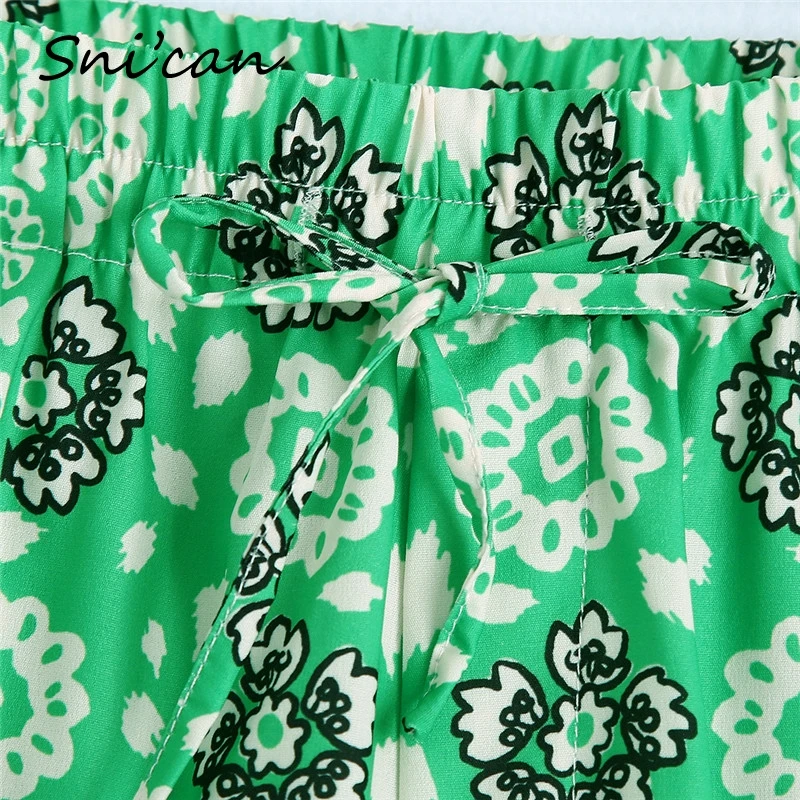 Žalia Gėlių Satino Šortai Elastingas Atkreipti String Atsitiktinis Negabaritinių Capris Pantalon Pour Femme Za 2021 Moterų Vasaros Mados Apačioje Naujas