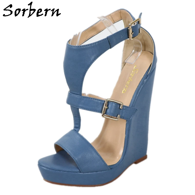 Sorbern Vintage Blue Moterų Pleištai Sandalai Aukšto Kulno Platforma Vasaros Bateliai T-Strap Individualų Dydį 42 Unisex Batai, Avalynė