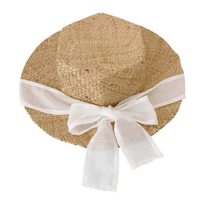 Vasaros Šiaudų Skrybėlę, Sun, Paplūdimys Skrybėlės, Kepuraitės Moterų dizaineris Panamos skrybėlė lankas-mazgas Platus Kraštų Skrybėlę 2021 elegantiškas dangtelis Apvalus Viršuje gorras