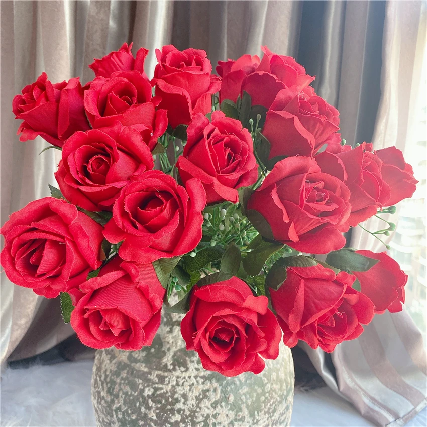 Didelis 18 vadovai rožių puokštė mariage flanelė dirbtinės gėlės naujo namo apdaila flores artificiales nuotakos ranką gėlės