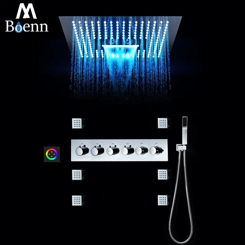 M Boenn Lietaus Dušo Sistemas 16 Colių LED Dušo Galva Vonios Maišytuvai Krioklys Dušo Komplektas Vonia Termostatiniai Maišytuvai Black / Chrome