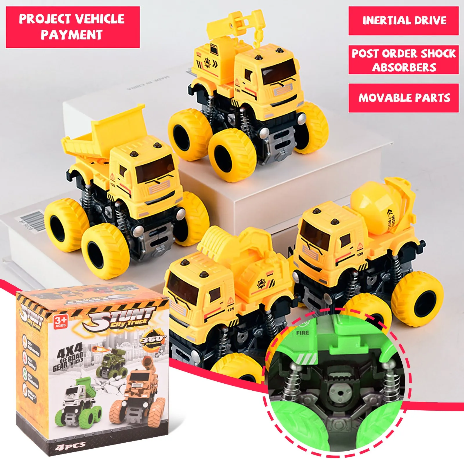 4-pack Automobilio Žaislai, Geltona Inžinerijos Sunkvežimių Animacinių filmų Stumti Eiti Didelių Sunkvežimių Važiuoklės Pavasario atsparus smūgiams Žaislai Skirtingas Funkcijas Automobilį