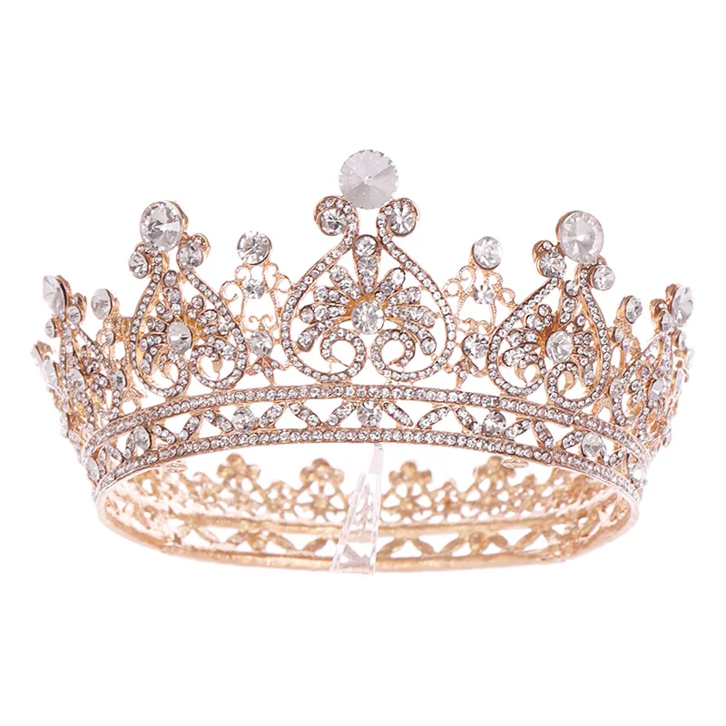 Aukso Spalvos, Didelis, Apvalios Lajos Baroko Tiara Karūna Crystal Širdies Vestuvių Plaukų Aksesuarai Karalienė, Princesė Diadem Vestuviniai Papuošalai