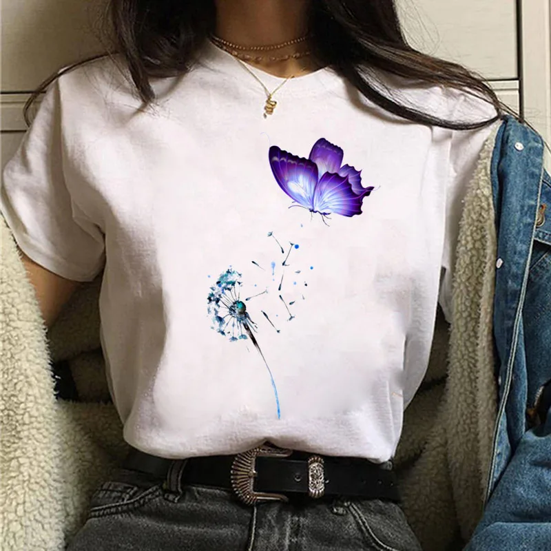 Naujas Mados Moterų Marškinėliai Drugelis Širdies Atspausdinta Tee Viršuje Moterų Atsitiktinis Mielas Tees Moteris Grafinis T-shirt Vasaros trumpomis Rankovėmis Viršūnes
