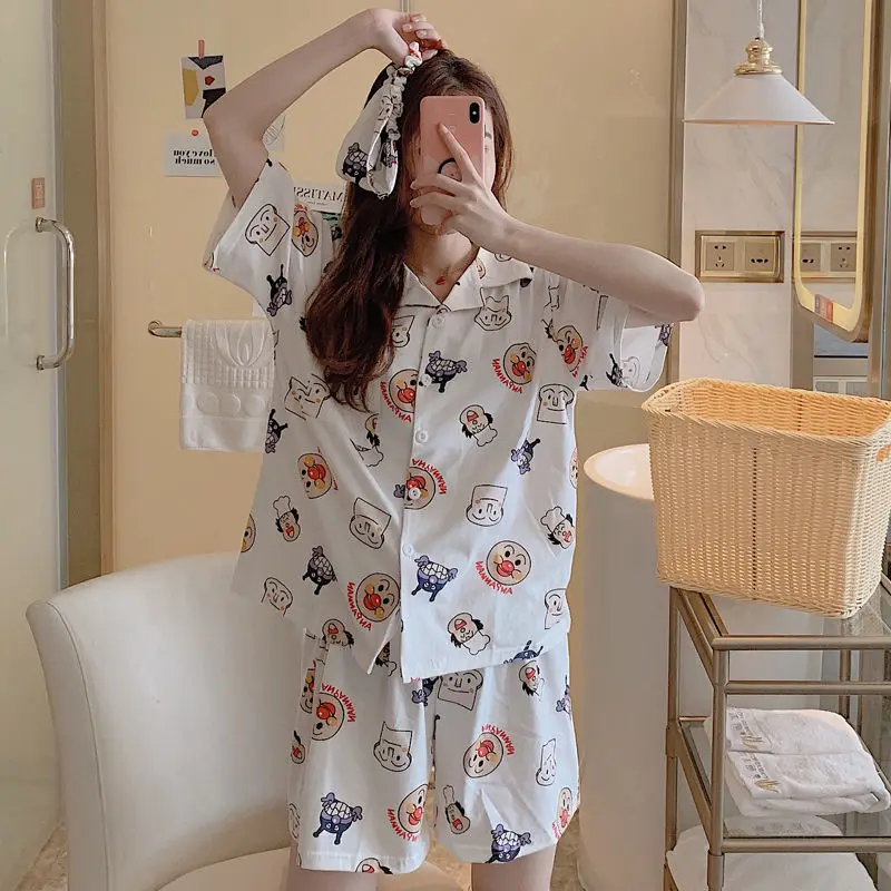QWEEK Kawaii Roomwear Vasaros 2021 Pižama Moterims Mielas Animacinių filmų Pijamas Trumpas Rankovės Pižamos Kostiumas Baltas Sleepwear 2 dalių Komplektas