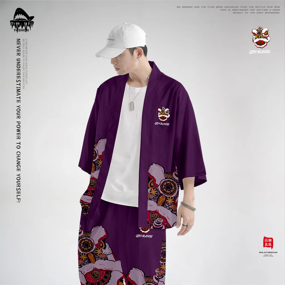 Kinų Stiliaus Raudonos Spausdinti Kimono Streetwear Vyrų Megztinis Ir Ziajać Skraiste Vyrų Vasaros Kimono Apranga