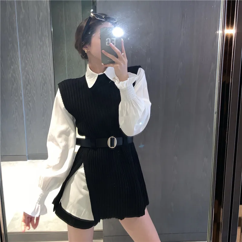 Autumn Elegant Two Piece Set For Women Plus Size Long Sleeve Buttons Up Bloust And Shirt + Belt Knitted Vest Outfits Korean 2021