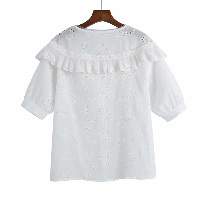 Moterys Vasarą Baltas Saldus Marškiniai, Palaidinės, Topai 2021 ZA Spliced Nėriniai ant Kaklo Moterų trumpomis Rankovėmis Elegantiškas Viršų Blusas