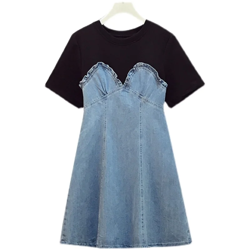 Plus Size Vintage Blue Demin Marškinėliai Suknelė 2021 Naujas Vasaros Moterų Gaiduko Kratinys Seksualus Suknelės High Street Kaubojaus Drabužiai