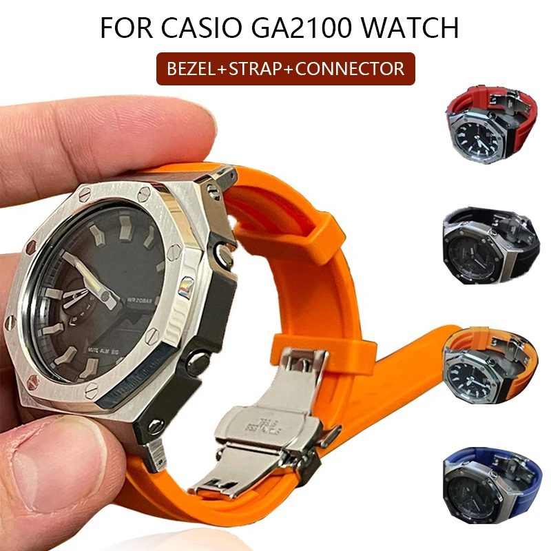 Gumos Dirželis+atveju Casio GA2100 Žiūrėti Adapteris Metalo Antros Kartos Bezel Fluoro WatchBand už Casio G-Shock GA-2100/2110