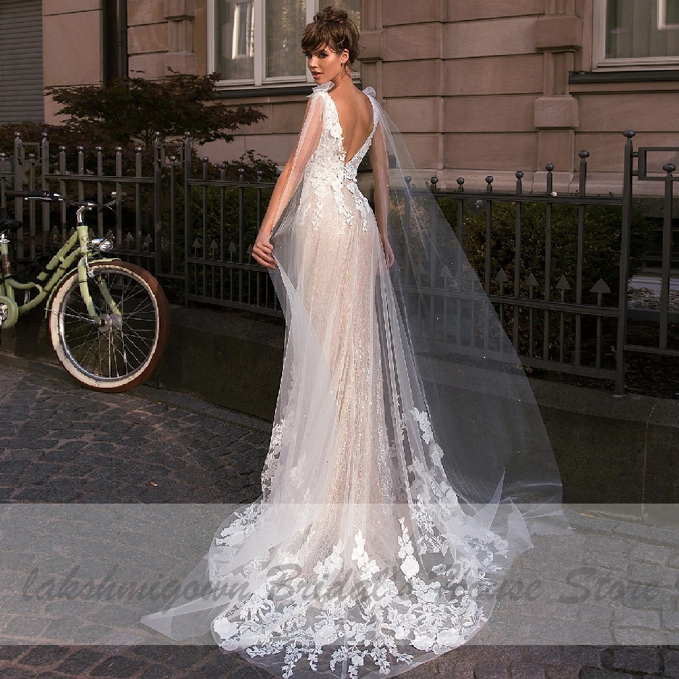 Prabangūs Nėriniai Undinė Vestuvių Suknelė Šampano 2020 M. Derliaus Vestuvinės Suknelės V Kaklo Backless Tiulio Vestuvių Suknelės Abito da Sposa