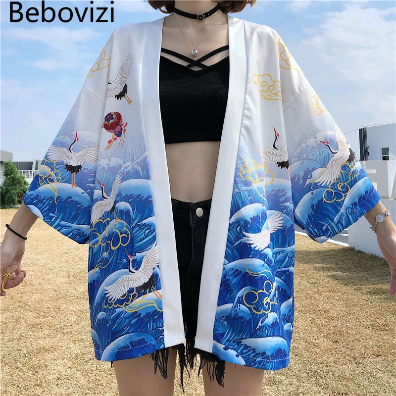 Moterų Harajuku Hip-Hop Mados Atsitiktinis Streetwear Striukė Vasaros Megztinis Yukata Japonijos Krano Spausdinti Baltas Mėlynas Kimono