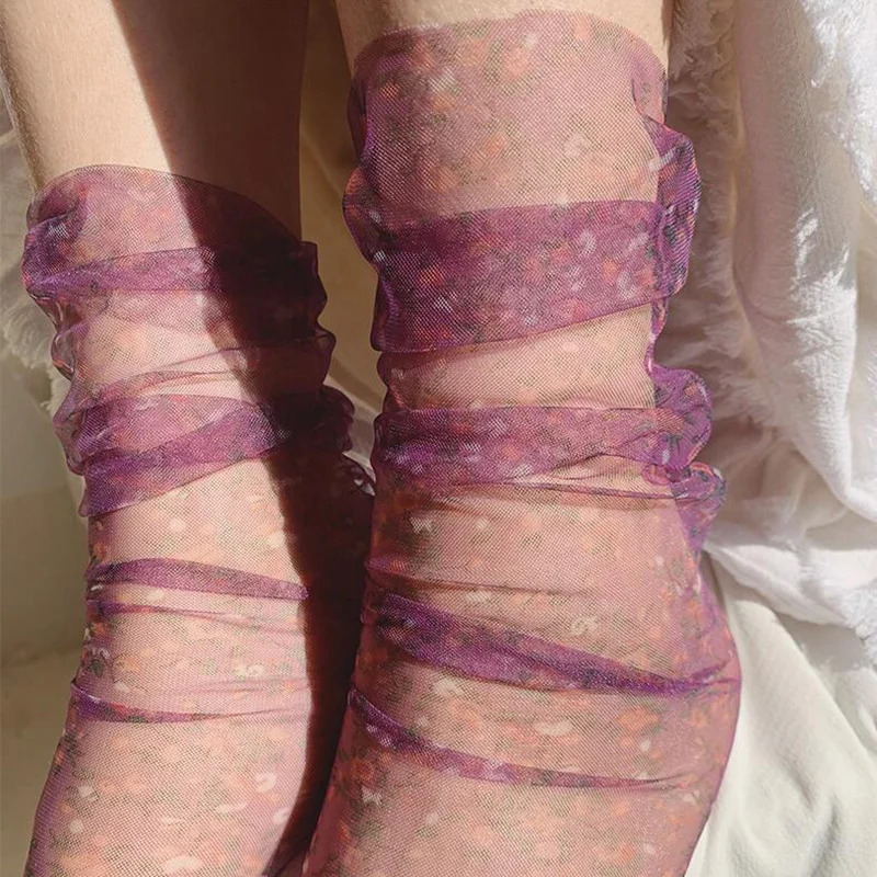 Seksualus Permatomas Tiulis Kojinės Moterims Ultra-plonas Spausdinti Gėlių Kojinės Kulkšnies Šifono Juokingas Kojines Femme Streetwear Calcetines Majur