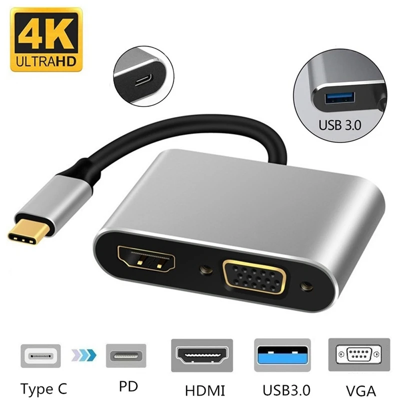 4 In 1, USB, C HDMI VGA Adapteris, C Tipo HDMI 4K VGA USB3.0 Video Converter PD 60W Greitas Įkroviklis, skirtas 