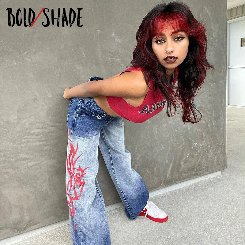 Bold Atspalvį 90-ųjų Mados Grunge Džinsinio Baggy Jeans Spausdinti Derliaus Indie Estetinės Y2k Žemas Augimas Kelnes Vaikinui, Moterims, Platus Kojos Kelnės