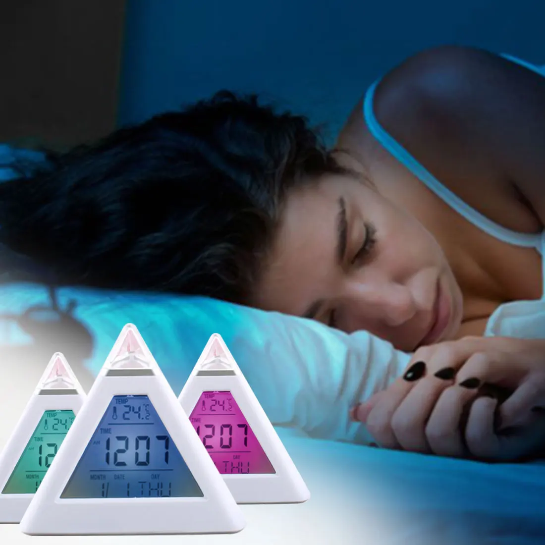 Skaitmeninis LED Laikrodis-Žadintuvas 7 Spalvų Keitimas Naktį, Šviesos, Laiko, Temperatūros Ekranas Piramidės Formos Stalinis Laikrodis
