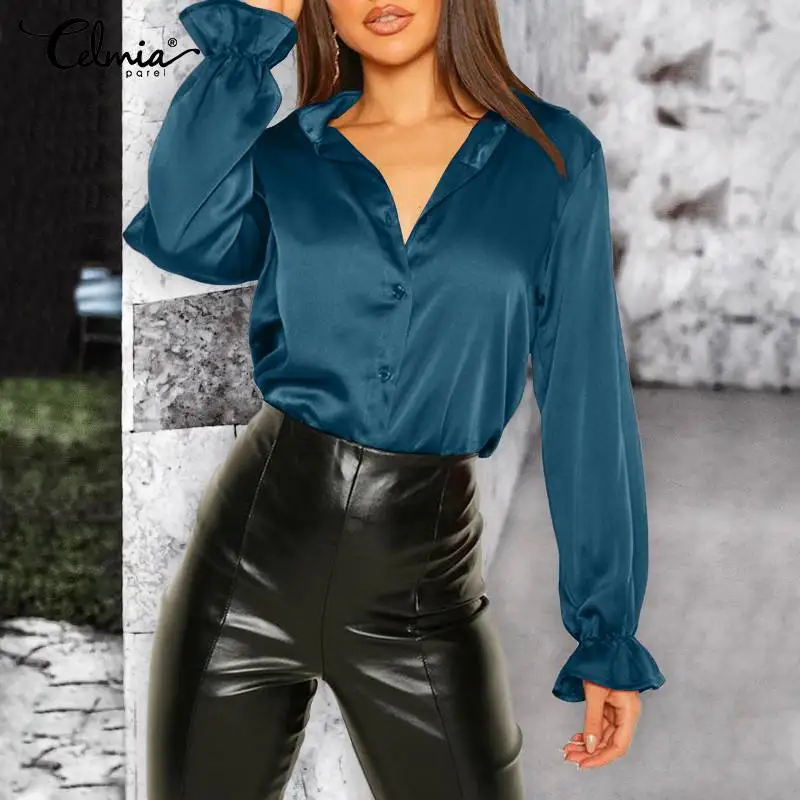 Celmia Stilingas Satino Marškinėliai Moterims Palaidinės 2021 M. Pavasarį Elegantiškas OLIS Ilgas Rankovėmis Varpo Atvartas Tunika Viršūnes Atsitiktinis Blusas