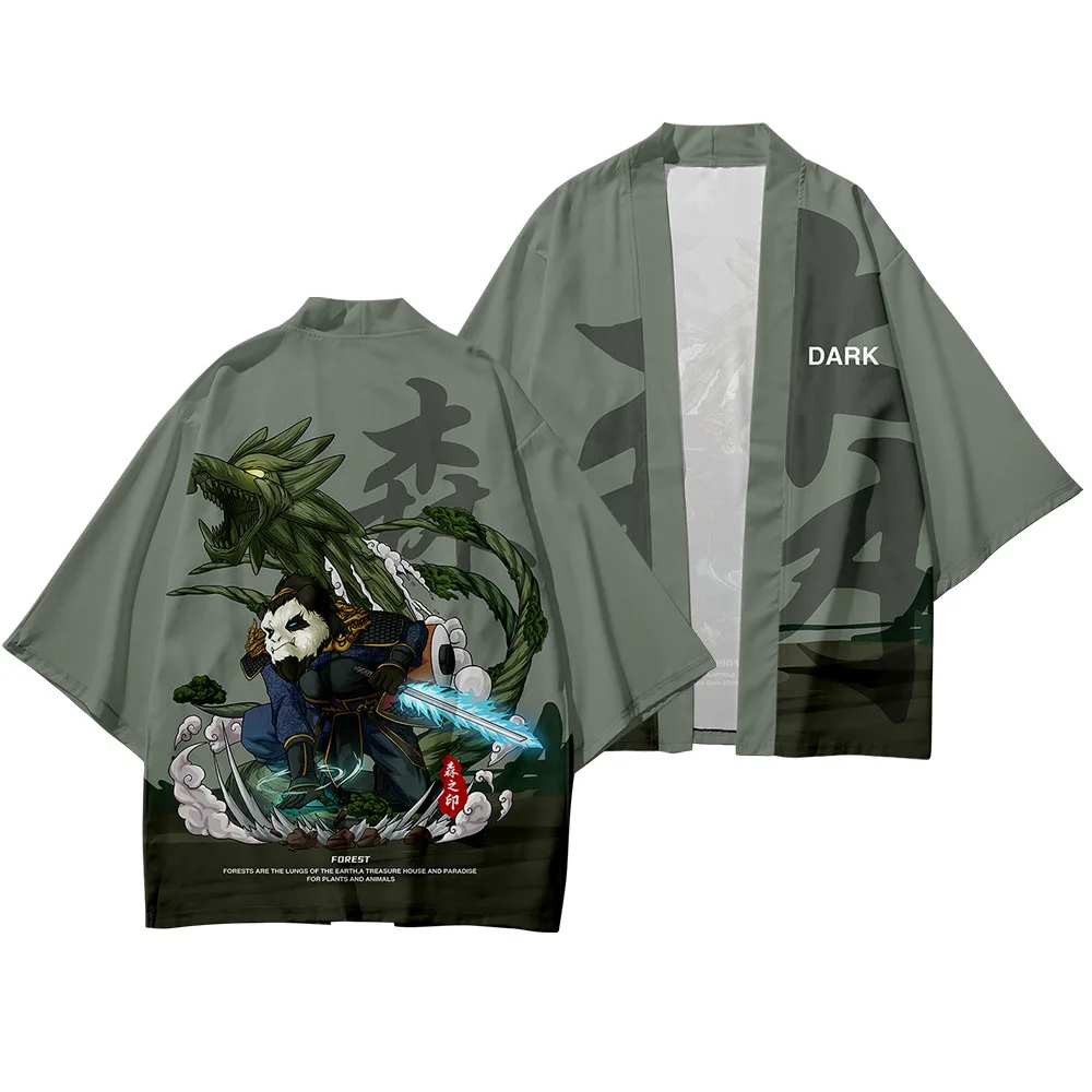 Vyrai Vintage Žalia Panda Print Kimono Paplūdimio Cosplay Marškinėliai Samurajus Kimono Ir Ziajać Tradicinių Haori Yukata