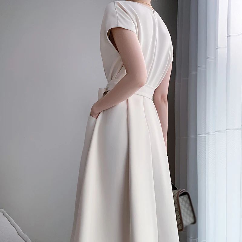 Vasarą Naujos Moterų Midi Plonas Kietas Suknelė Trumpomis Rankovėmis Elegantiškas Bandge Linijos Office Lady Suknelės Vestidos