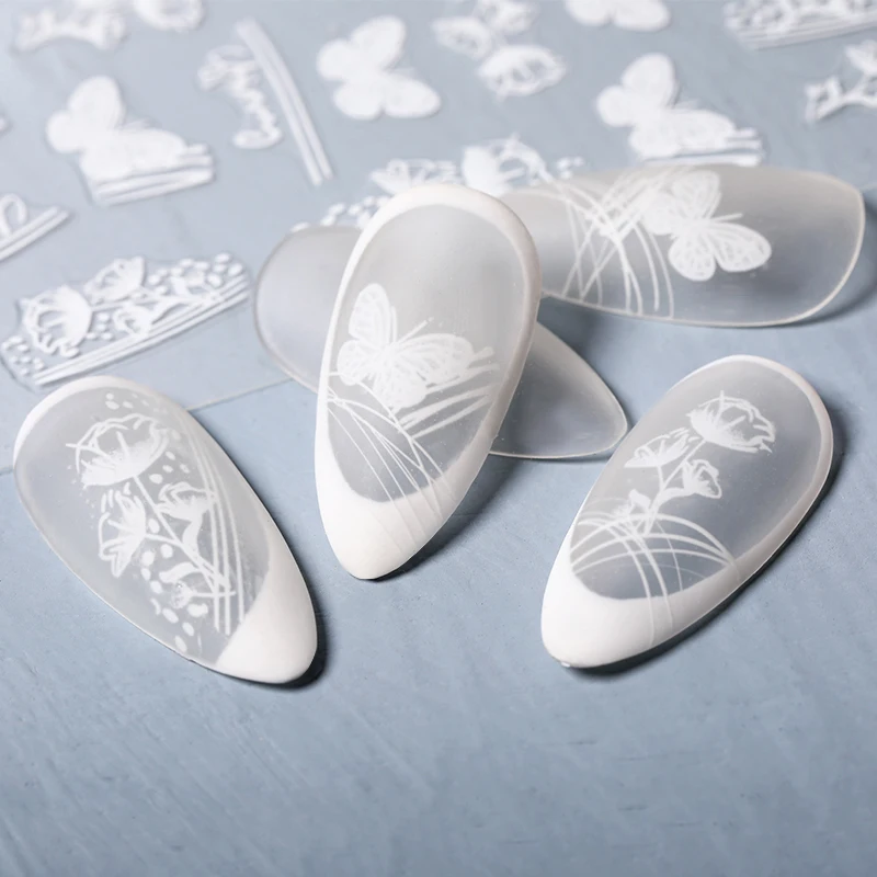 3D White Nėriniai Gėlės Permatomas Nagai Lipdukai Lapų Baleto Geometrijos Drugelis Gradientas Abstrakčiai Nagų Dailės Dizaino, Slider Dekoras