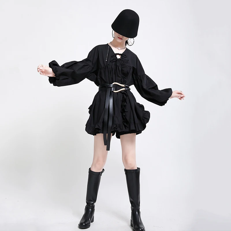 [EAM] Moterys, Juoda Raukiniai didelio Dydžio Tvarstis Mini Suknelė Nauja V-Kaklo, ilgomis Rankovėmis Palaidi Tinka Mados Banga Pavasario Rudens 2021 1DD5195