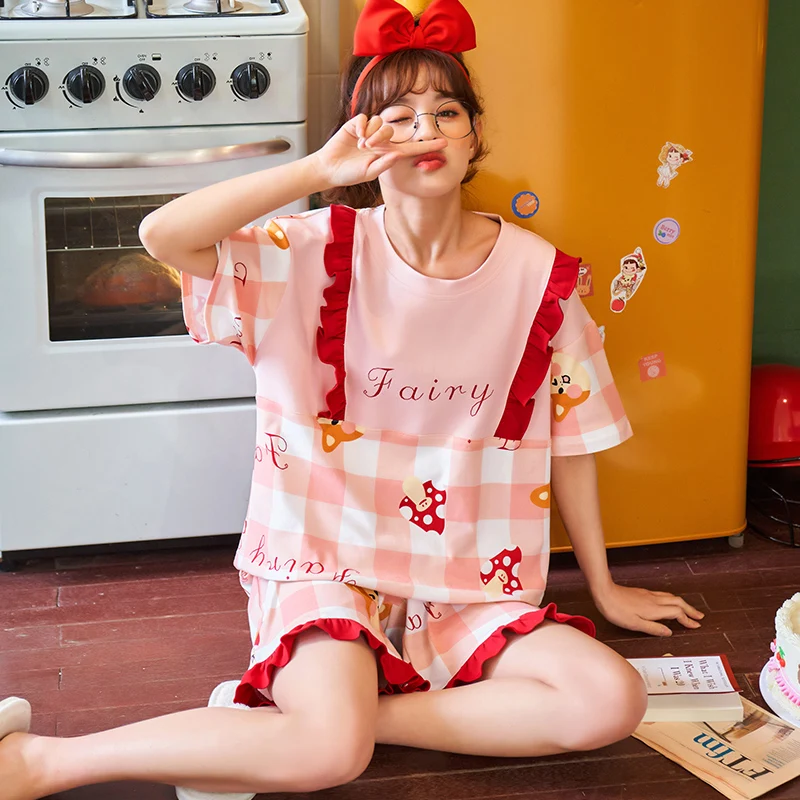Komfortą naktiniai drabužiai Rožinė Mielas Sleepwear Medvilnės Moterų Pižama Nustatyti Saldus Moterų Namų Kostiumas Mergaitėms Pijamas Šortai Vasaros Pižamos