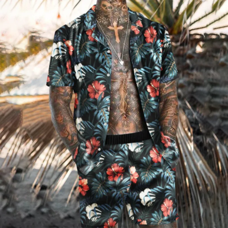 2021 Mados Havajų Paplūdimyje Nustatyti Mens Spausdinimo Hip-hop ' o Rinkinys Trumpas Rankovės Vasaros Atsitiktinis Gėlių Marškinėliai Paplūdimys Dviejų dalių Kostiumas Vyrų Rinkiniai