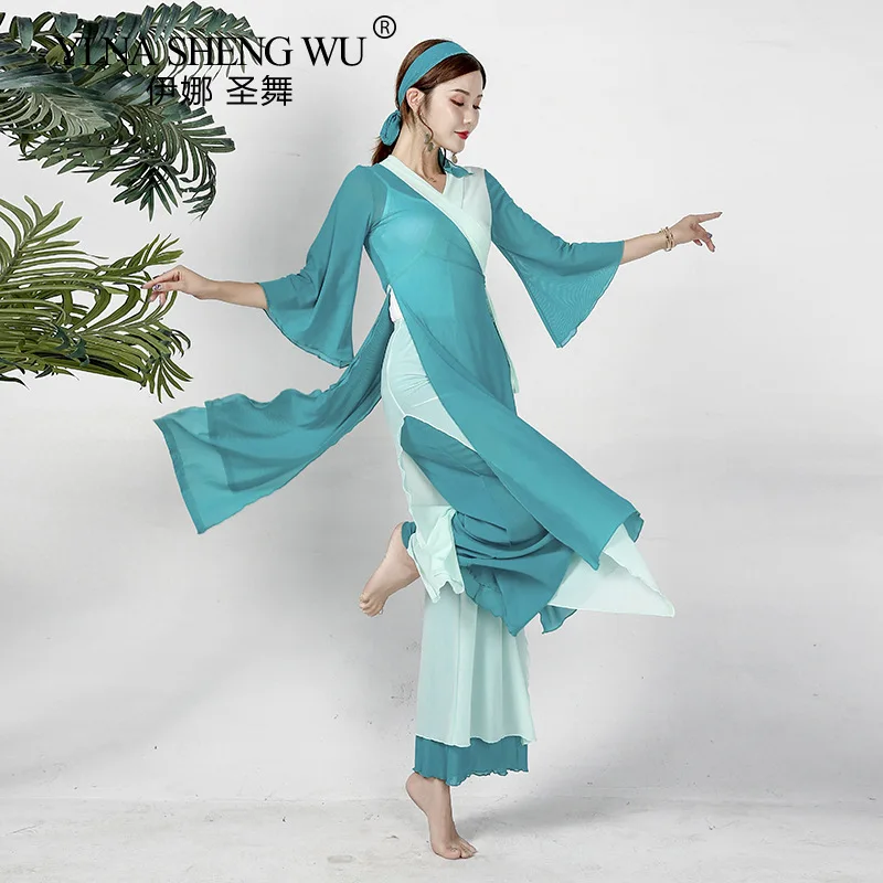Moterų Stiliaus Kinijos Liaudies Šokių Gazas Suknelė Kūno Rimuoti, Ilgi Marškiniai, Klasikinės Šokėja Praktikos Drabužius Flowy Kostiumas Pločio Kojų Kelnės