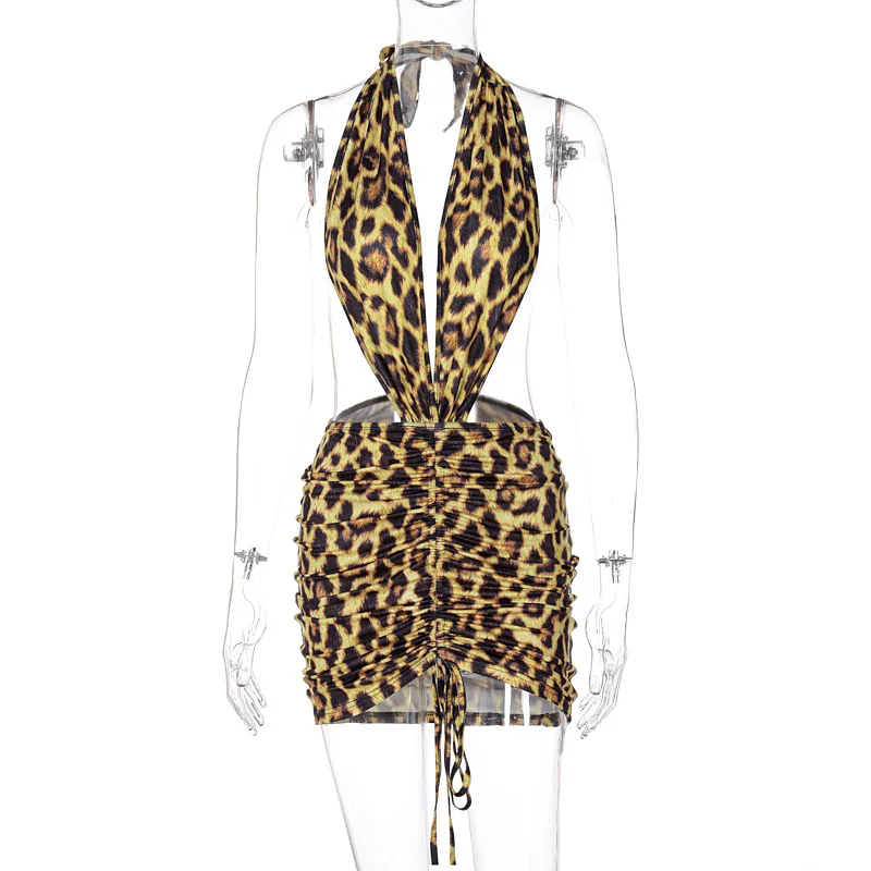 Leopard Moterų Apynasrio Mini Suknelė Raišteliu Ruched Giliai V Kaklo Backless Bodycon Seksualus Streetwear Šalies Klubas 2021 M. Vasaros Suknelės