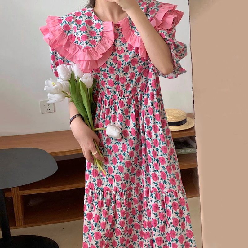 Kimotimo Gėlių Sluoksniuotos Rankovėmis Suknelė Moterims Korėjos Vasaros Amžiaus Sumažinimo Grybelio Peter Pan Apykaklės Prarasti Saldus Ilgai Ponios Suknelės