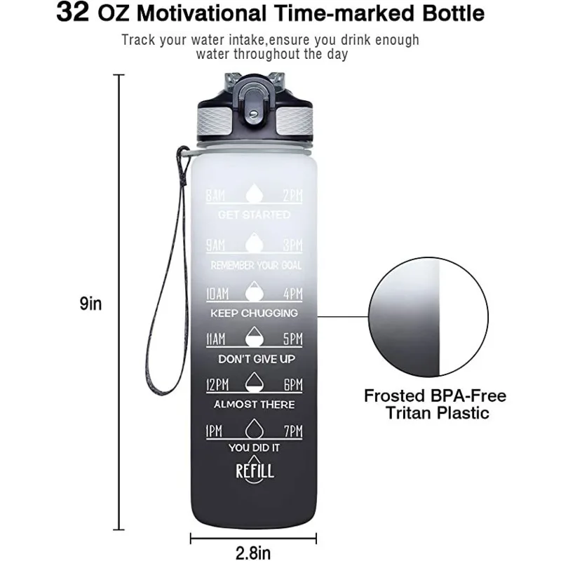 32oz Sandarus BPA Free Geriamojo Vandens Butelis Su Laiko Žymeklis Šiaudų Sporto Buteliai, Pėsčiųjų, Kempingas Plastikinių Gėrimų Butelių BPA Free