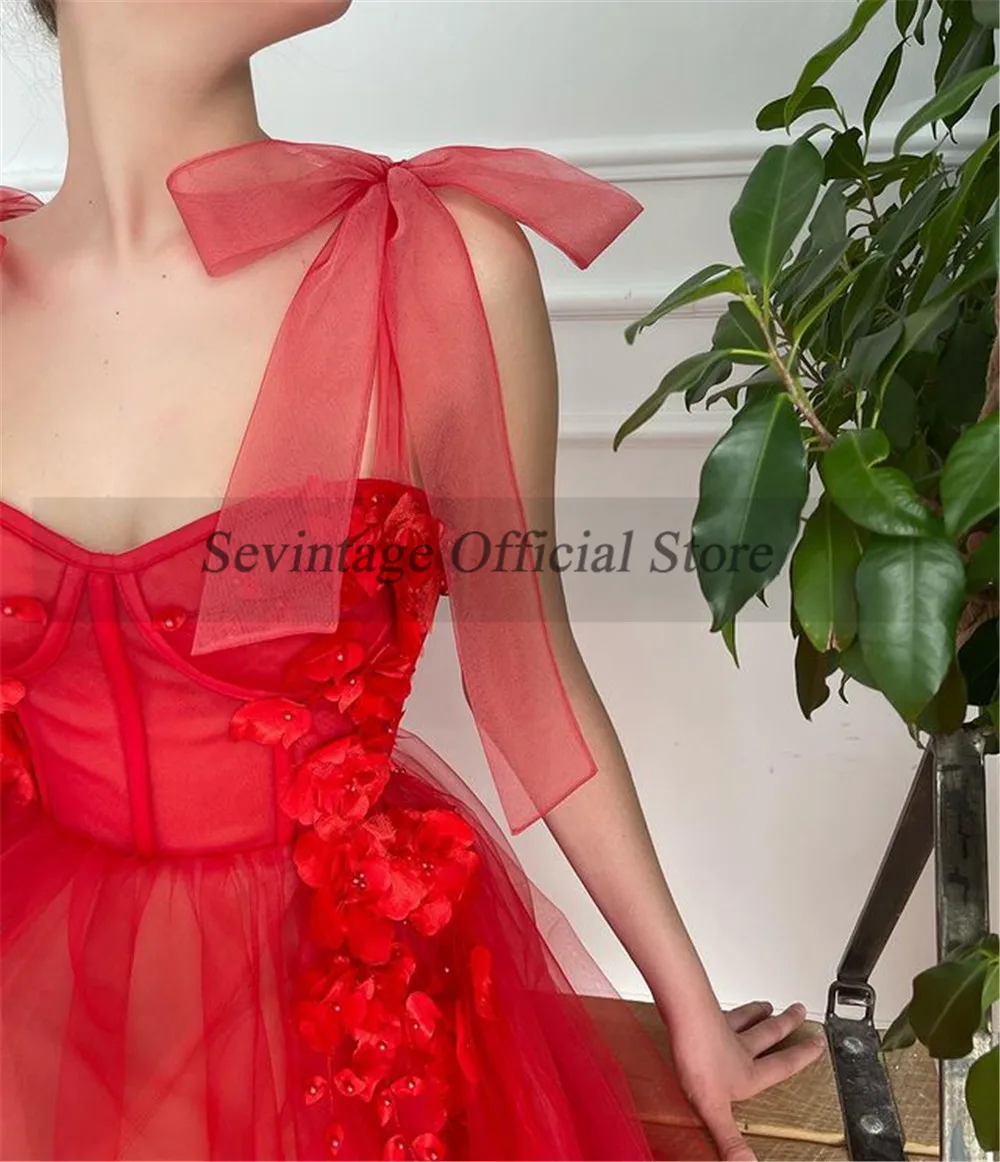 Sevintage Raudona Subtilus 3D Gėlės Perlai Promenadzie Suknelė Įrengtas Iškaulinėjimas Spageti Dirželis Vakare Chalatai Minkštas Tiulis Moterų Suknelės, Šaliai