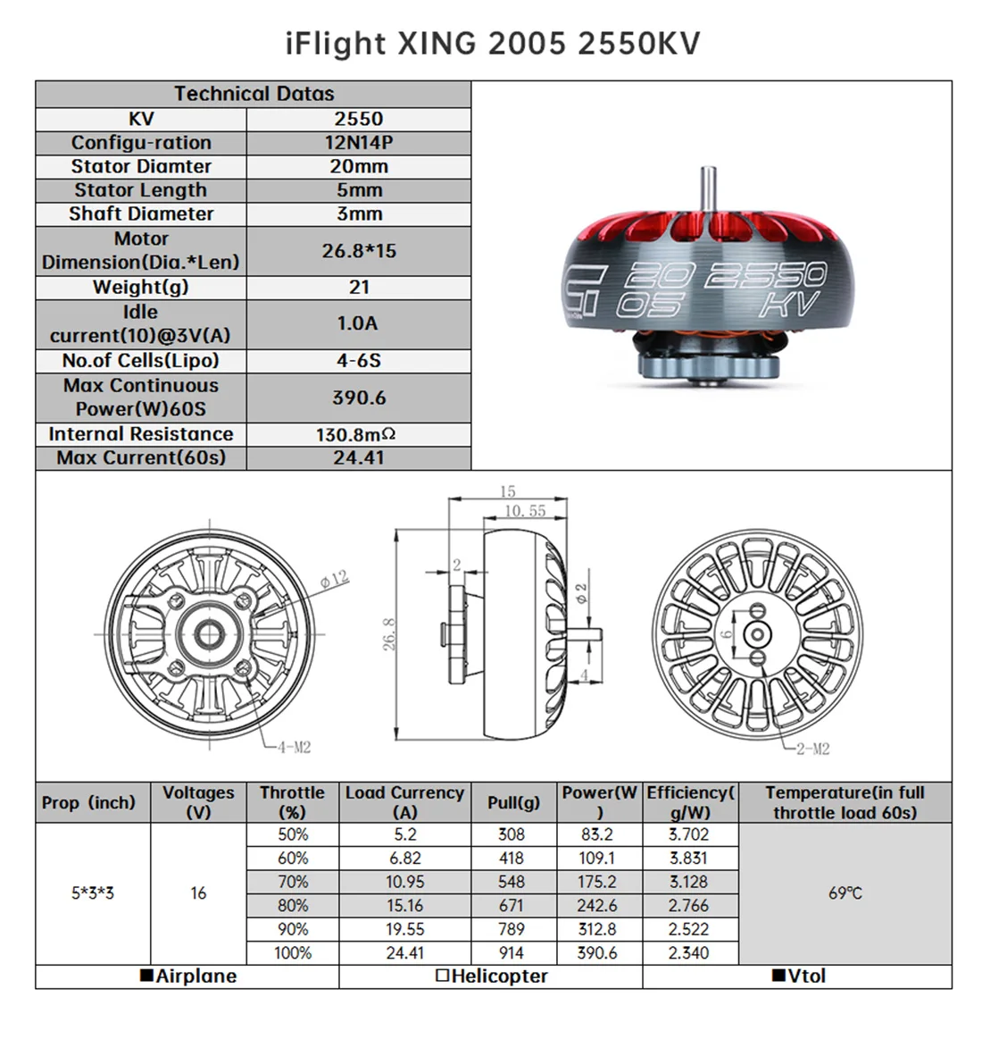 IFlight XING 2005 1900KV / 2550KV 4-6S FPV Variklis su 1,5 mm Išorinis titano lydinio Velenas už FPV Drone Quadcopter