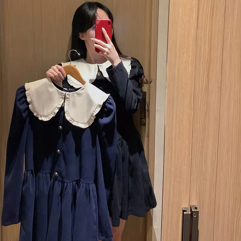 Korėjos Ins Mielas Kontrasto Spalvų Lėlės Apykaklės Kolegijos Stilius Saldus Mergaitė, Anti-Senėjimo Ilgomis Rankovėmis Suknelė 2021 M. Pavasarį