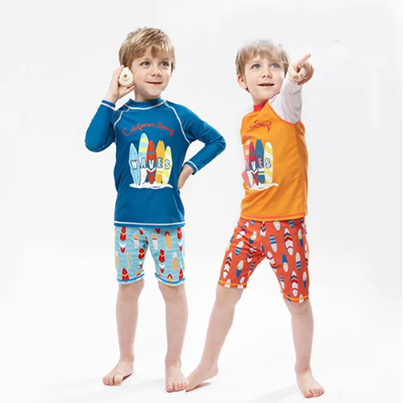 Vaikų du Pingvinas gabalas maudymosi kostiumėliai, vidutinių/didelių berniukų ilgomis rankovėmis Sun-proof Greitai sausas Plaukimo kostiumas Maudymosi kostiumas