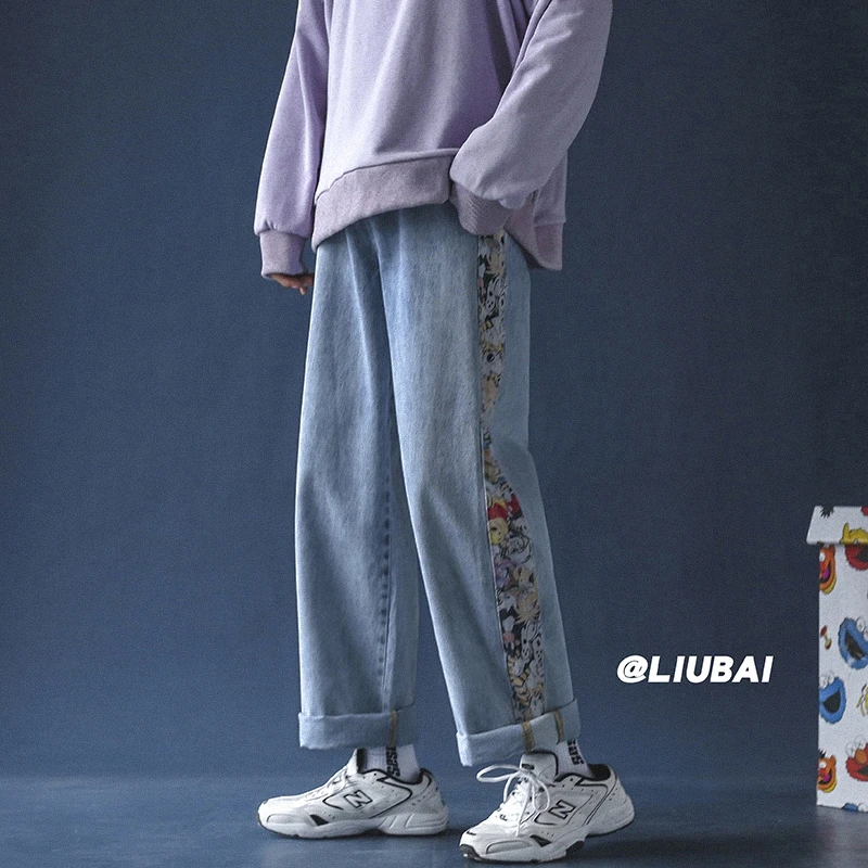 Džinsai, korėjiečių mados, universalus, platus platus kojų kelnės, mados prekės ženklo pavasario tiesios kelnės，vyrų džinsai。 baggy pants Parduoti