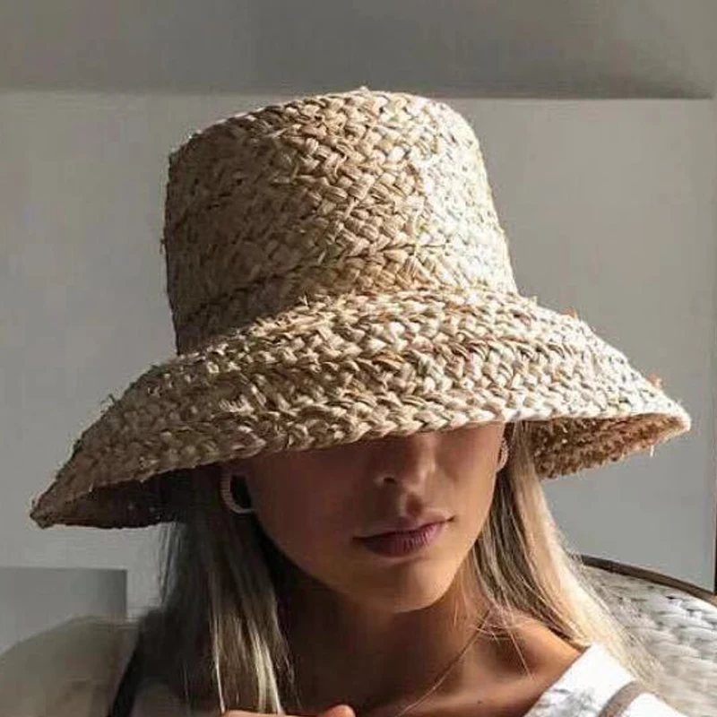 Vasaros skrybėlės moterims Retro butas kabančios skrybėlę kraštų rankų rafija šiaudų skrybėlę ponios lauko apsauga nuo saulės, paplūdimio šiaudų skrybėlę