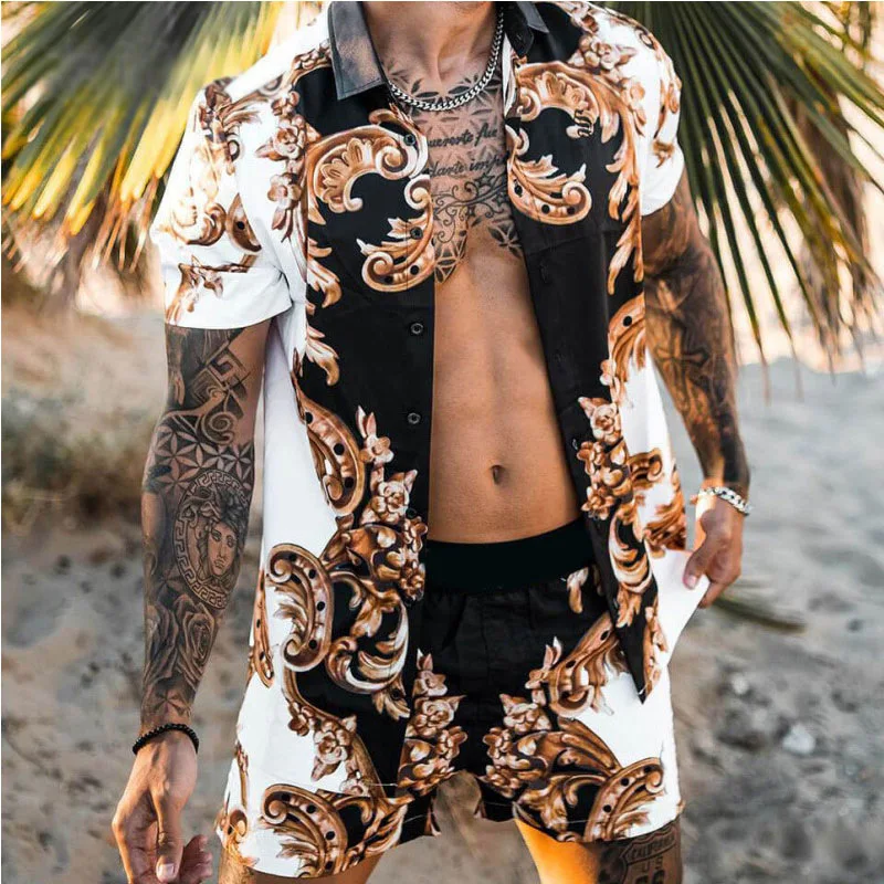 2021 Havajų Vyrų Rinkiniai Spausdinimo Atsitiktinis Vasaros trumpomis Rankovėmis Gėlių Marškinėliai Paplūdimio Šortai Streetwear Hip-Hop Mens Kostiumas, 2 vnt. M-3XL