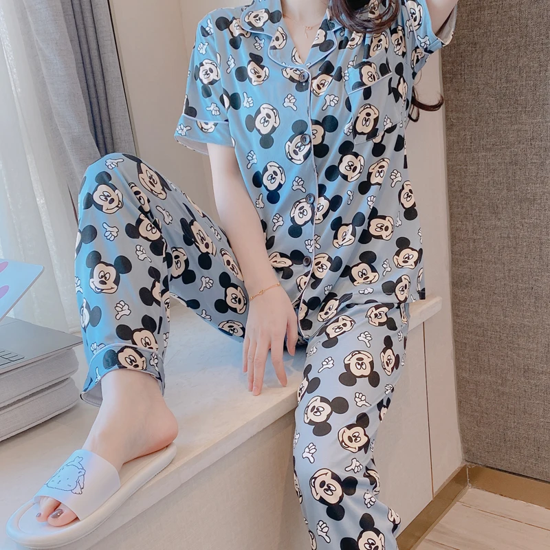 Pavasarį, Vasarą, Megztos Medvilnės Pižama Rinkiniai Moterims Mickey Mouse Pižamos Sleepwear Naktiniai Drabužiai Pijama Mujer Plius Dydžio Kelnės Homewear