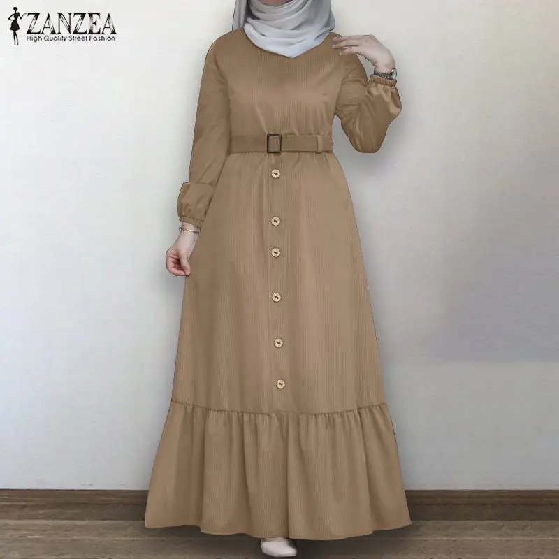 Moterų Rudenį Sundress ZANZEA Kaftan Musulmonų Marškinėliai Suknelė ilgomis Rankovėmis Maxi Vestidos Moterų Mygtuką Pynimas Vestidos