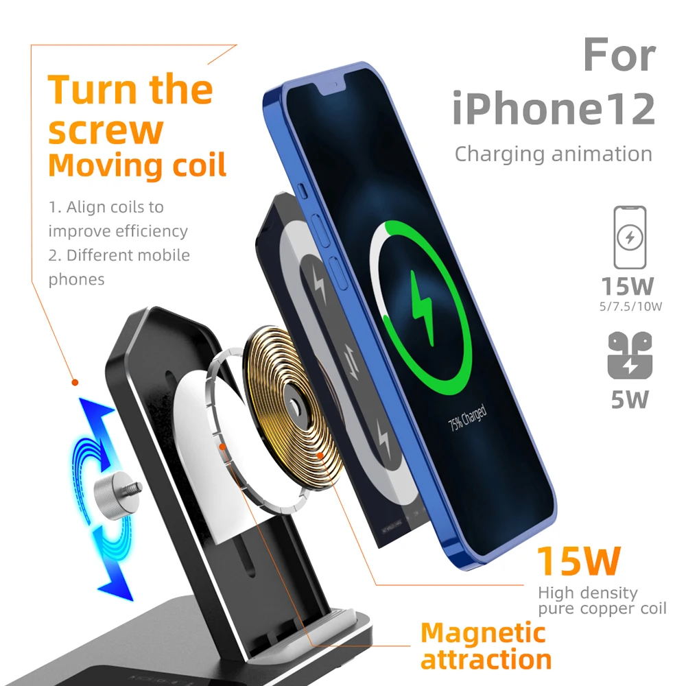 3 1. Belaidis Kroviklis Stovėti iPhone 12 Mini Apple Žiūrėti Airpods Qi Įkrovikliai Magnetinio Aliuminio Lydinio Telefono Įkrovimo Stotis