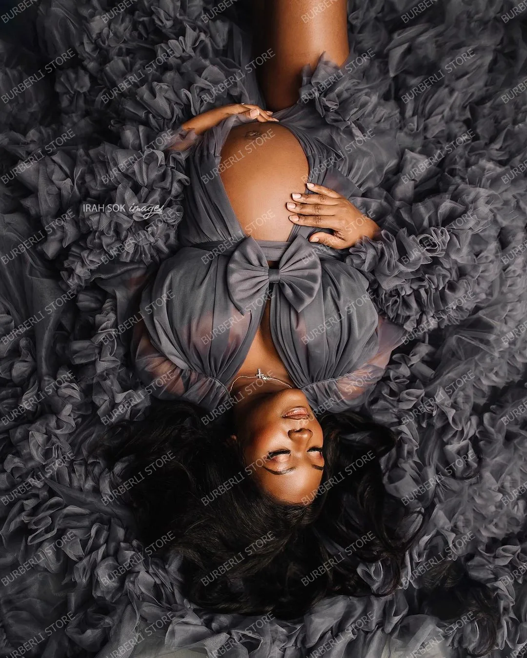 Unikalus Tamsiai Pilkos Spalvos, Skirtingų Tiulio Motinystės Dreses Į Fotosesiją Pamatyti Per Blyksnius Rankovėmis Nėščių Moterų Suknelė, Ilgas Mantijas Baby Shower