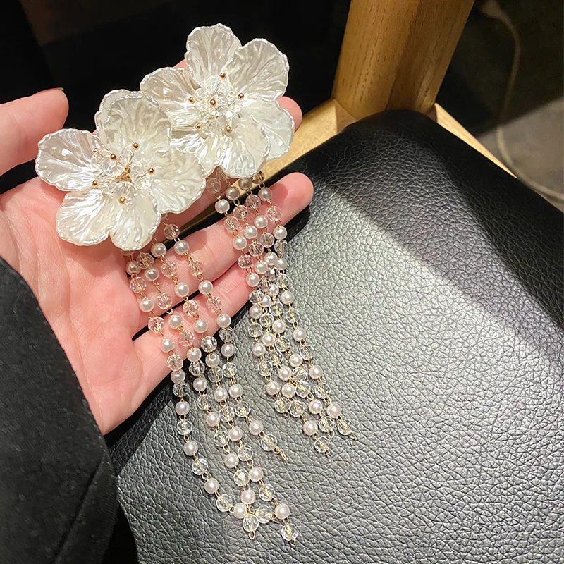 VSnow prancūzijos Vintage White Negabaritinių Gėlių Crystal Pearl Tabaluoti Auskarai Moterims, Ilgai Kutas Vestuvių Auskarai Papuošalai Pendientes