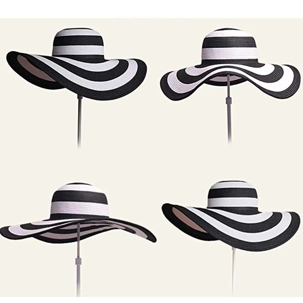 Didelis Kraštų Klasikinis Juoda Balta Dryžuotas Šiaudų Skrybėlę Atsitiktinis Lauko Paplūdimio Kepurės Moterims, 2021 M. Vasaros Moterų saulės, skrybėlės moterims