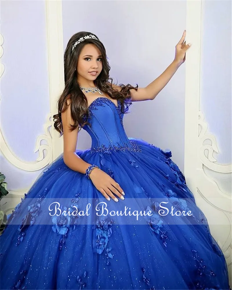 Vestidos de XV años Royal Blue Quinceanera Suknelės su 3D Gėlių Aplikacijos Korsetas Viršuje Zawalcowany Kamuolys Suknelė Saldus 16 Suknelė Plius Dydis