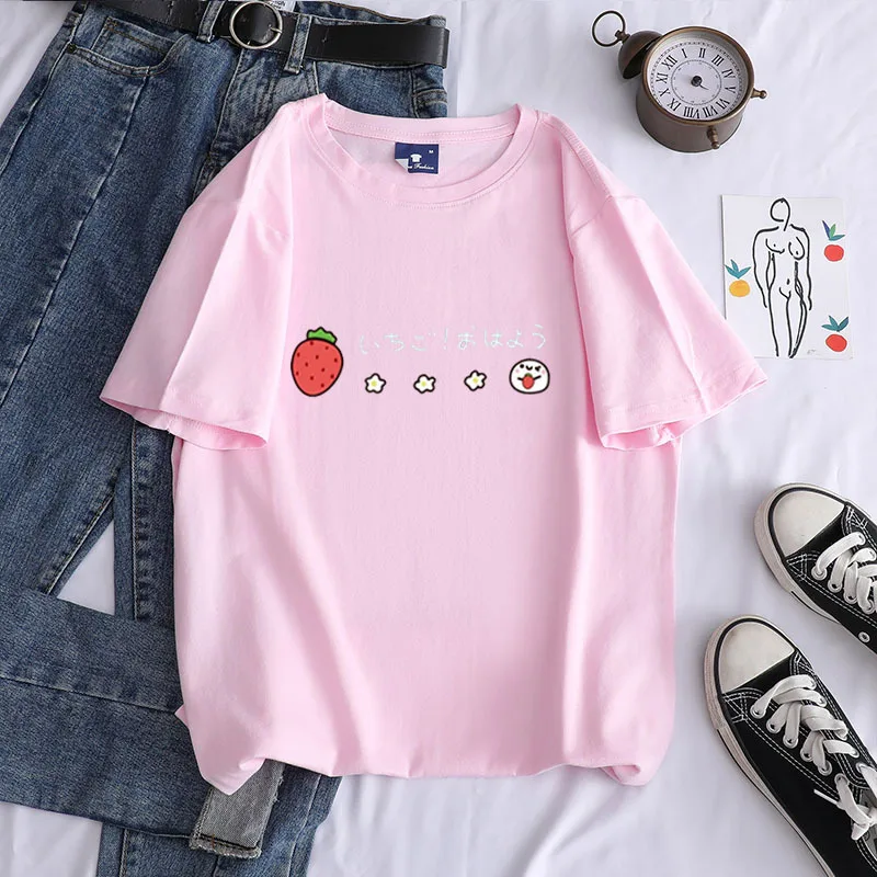 2020 Harajuku Kawaii Braškių Pieno Mergaičių marškinėliai Atsitiktinis Viršūnes Negabaritinių Moterų Kpop Lolita Stiliaus Braškių Moksleivė