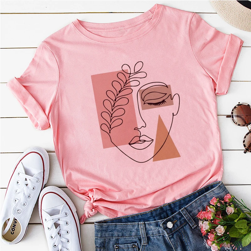 Graži Geometrija rožinė Spausdinti Marškinėliai Moterims 90-ųjų Grafinis T-shirts Harajuku Viršūnes Tee Mielas Trumpas Rankovės Gyvūnų Atsitiktinis Moterų Marškinėlius