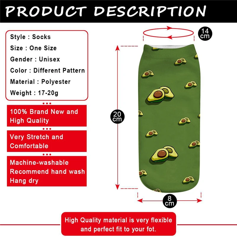 1 pora mados originalus naujas mados avokado trimatis spausdinimas kojinės vienoje pusėje spausdinimo laimingas laisvalaikio kojinės