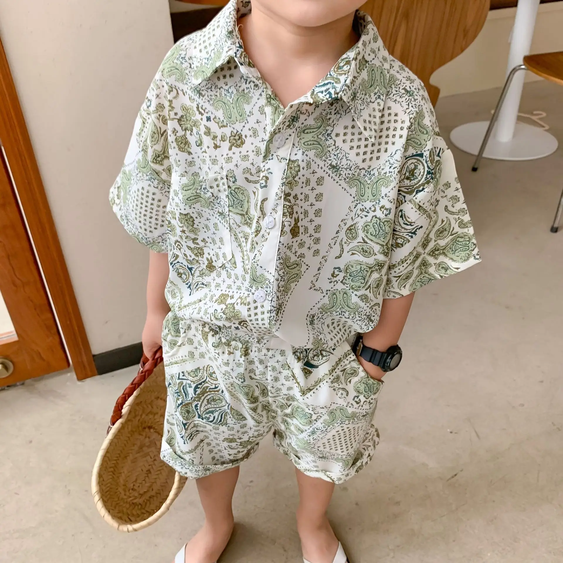 2-9T Vasaros Gėlių Beach Boy Spausdinti Drabužių Nustatyti Bamblys Vaikas Trumpas Rankovės Marškinėliai Viršų ir Šūviai Mados Playa Atostogų Apranga
